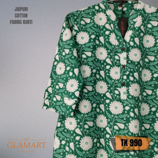 Jaipuri Cotton Long Kurti – Emerald Green & White Floral Sunflower Print