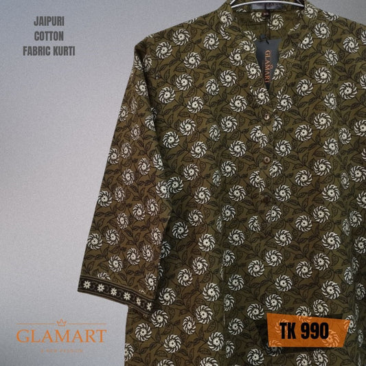 Jaipuri Cotton Long Kurti – Dark Olive Green & White Floral Vine Print