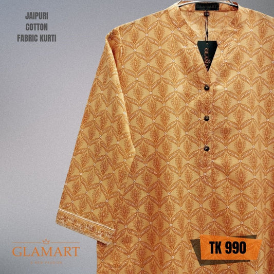 Jaipuri Cotton Long Kurti – Pastel Orange & White Ethnic Ogee Butti Print