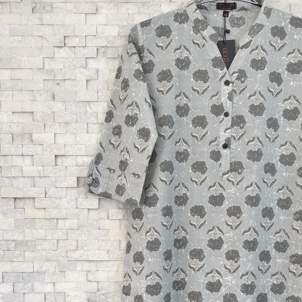 Jaipuri Cotton Long Kurti – Grey Floral Butti Print