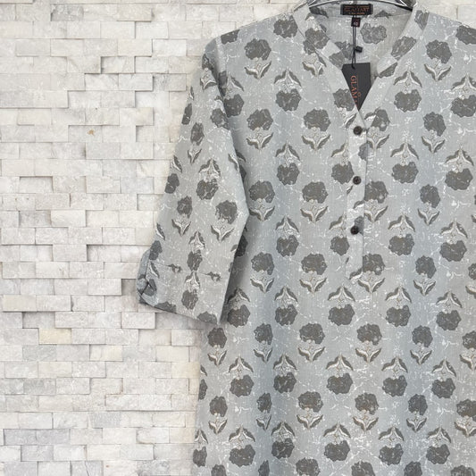 Jaipuri Cotton Long Kurti – Grey Floral Butti Print