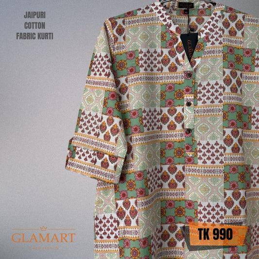 Jaipuri Cotton Long Kurti – Sage Green & Multi-Color Patchwork Print