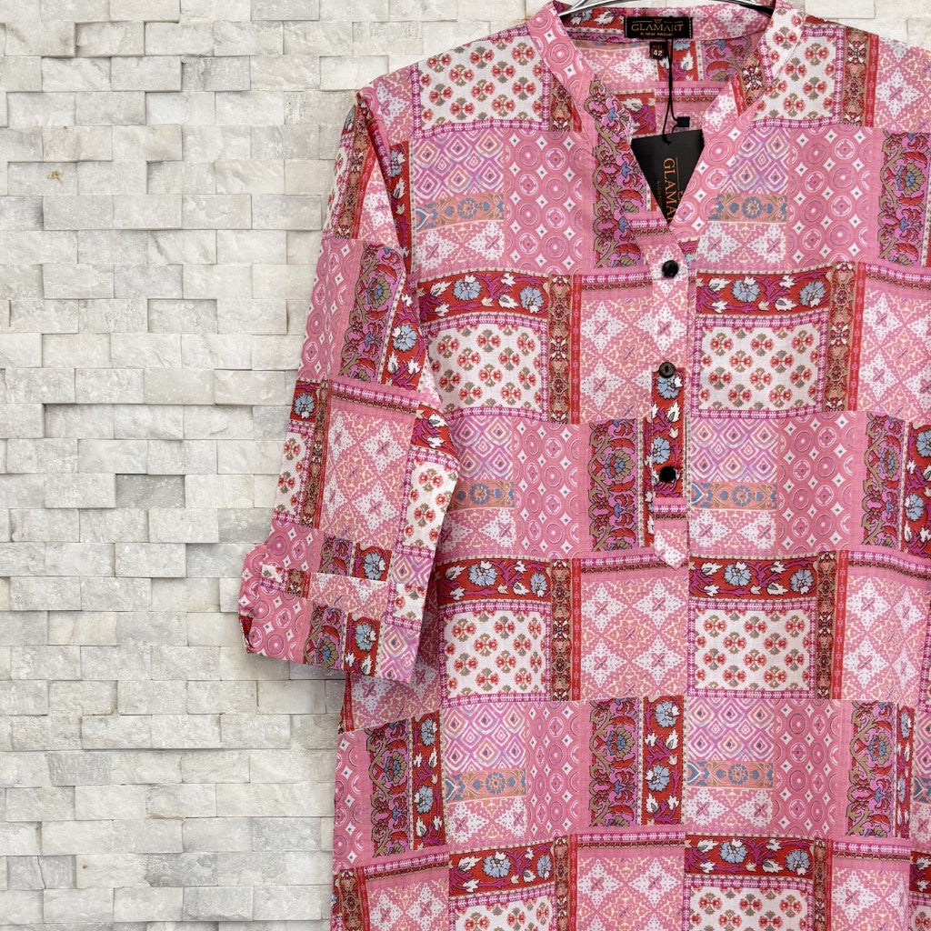 Jaipuri Cotton Long Kurti – Pink Patchwork Ethnic Print