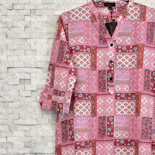 Jaipuri Cotton Long Kurti – Pink Patchwork Ethnic Print