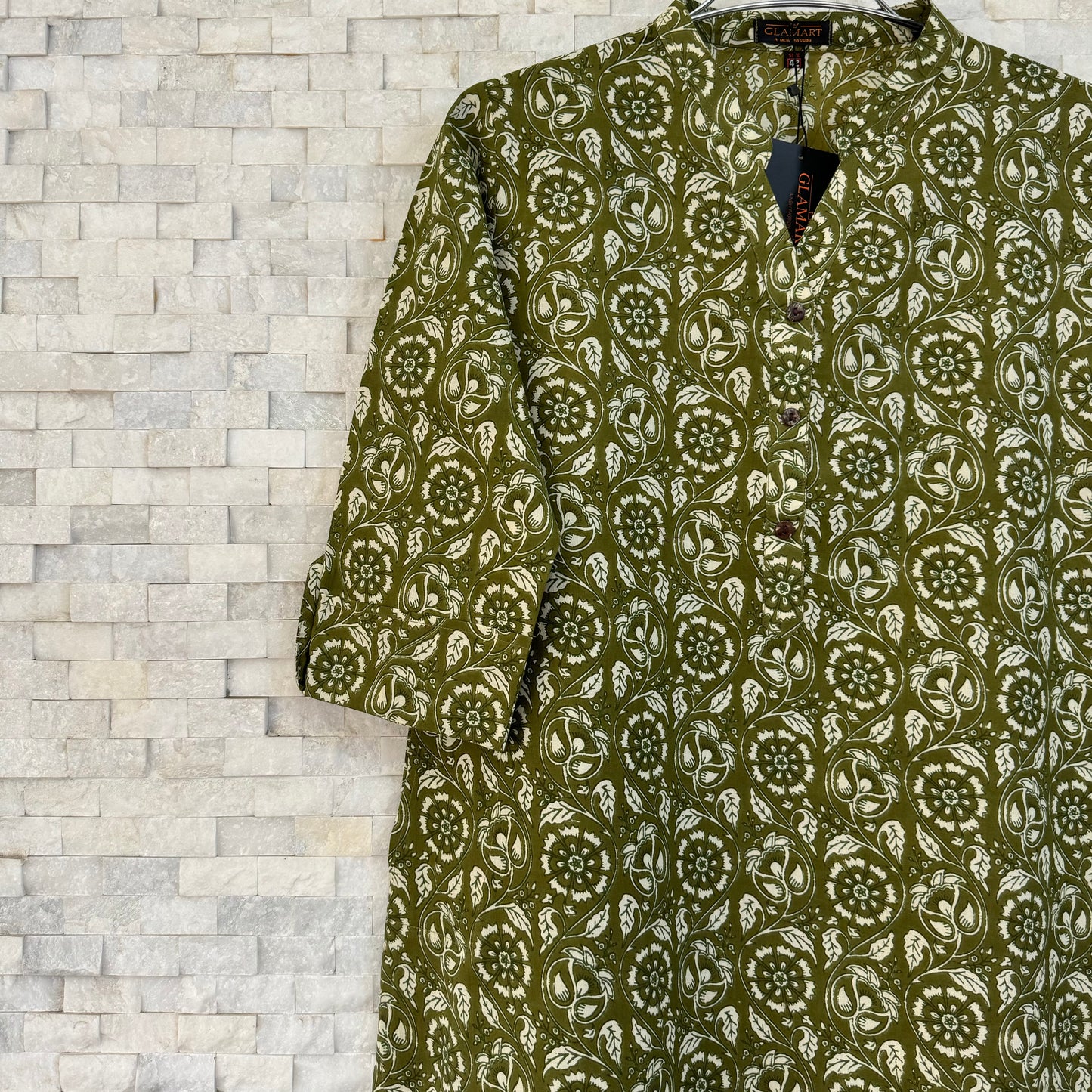Jaipuri Cotton Long Kurti – Olive Green Floral Vine Ethnic Print