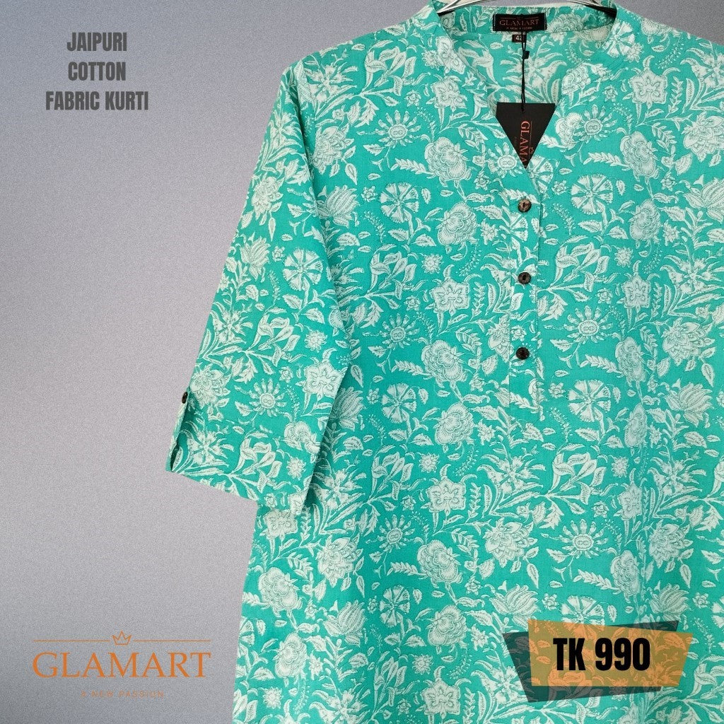 Jaipuri Cotton Long Kurti – Teal & White Floral Bouquet Ethnic Print