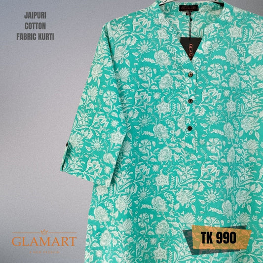 Jaipuri Cotton Long Kurti – Teal & White Floral Bouquet Ethnic Print