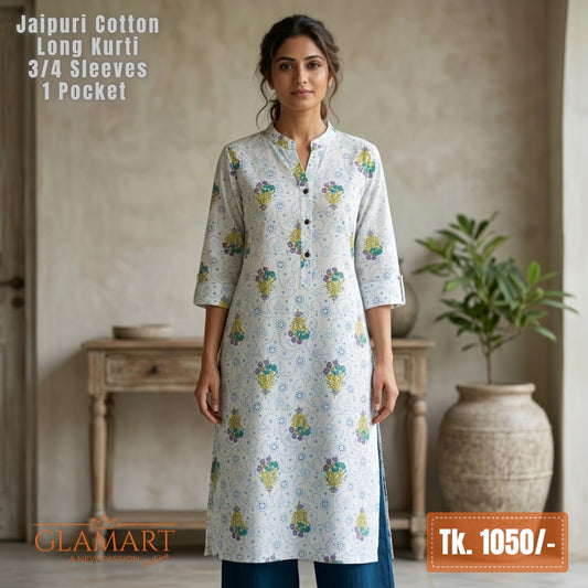 Jaipuri Cotton Long Kurti – White & Blue Floral Bunch Ethnic Print