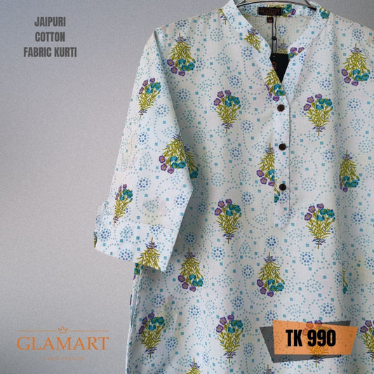 Jaipuri Cotton Long Kurti – White & Blue Floral Bunch Ethnic Print