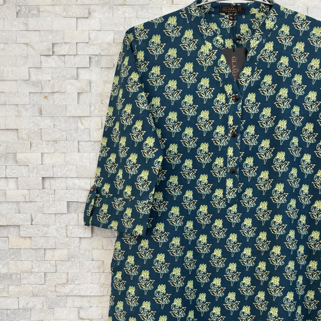 Jaipuri Cotton Long Kurti – Teal & Lime Green Floral Bud Ethnic Print