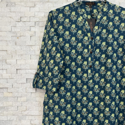 Jaipuri Cotton Long Kurti – Teal & Lime Green Floral Bud Ethnic Print
