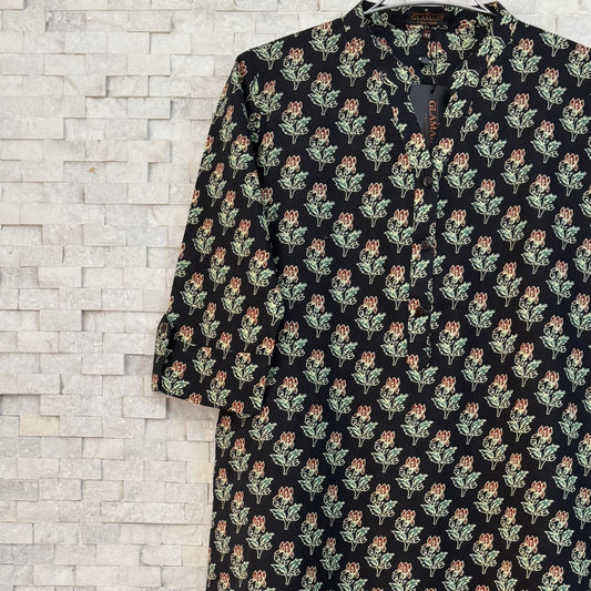 Jaipuri Cotton Long Kurti – Black & Maroon Floral Bud Ethnic Print