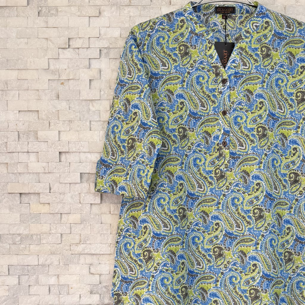 Jaipuri Cotton Long Kurti – Sky Blue & Lime Paisley Ethnic Print