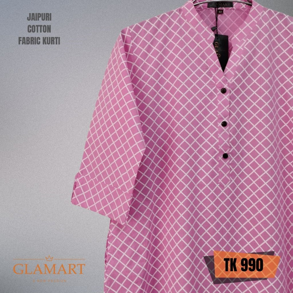 Jaipuri Cotton Long Kurti – Pink & White Geometric Diamond Grid Print