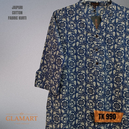 Jaipuri Cotton Long Kurti – Indigo Blue & Cream Floral Vine Print