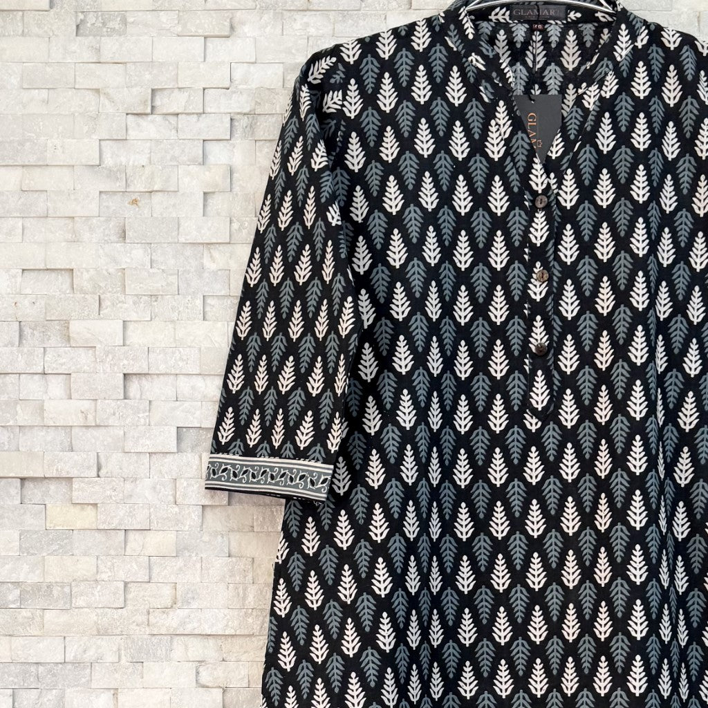 Jaipuri Cotton Long Kurti – Black & Grey Ethnic Leaf Butti Print