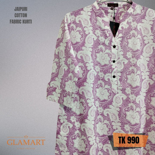 Jaipuri Cotton Long Kurti – Lavender & White Paisley Floral Print
