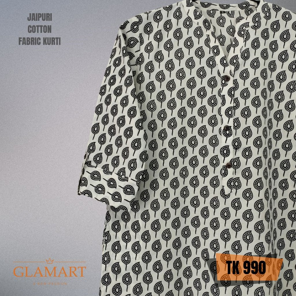Jaipuri Cotton Long Kurti – Black & White Leaf Ethnic Print
