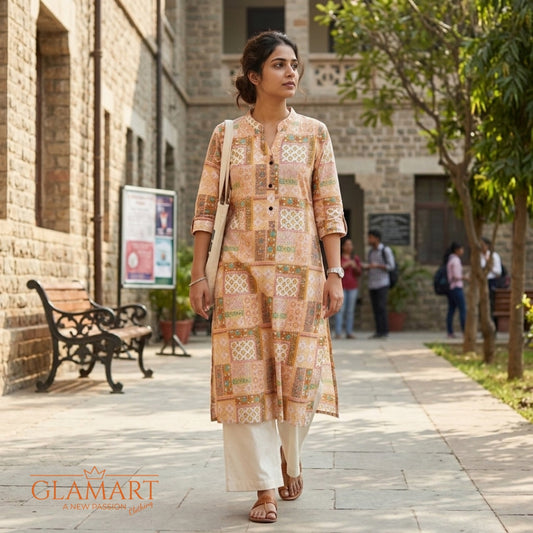 Jaipuri Cotton Long Kurti – Peach & Ochre Multi-Pattern Patchwork Print