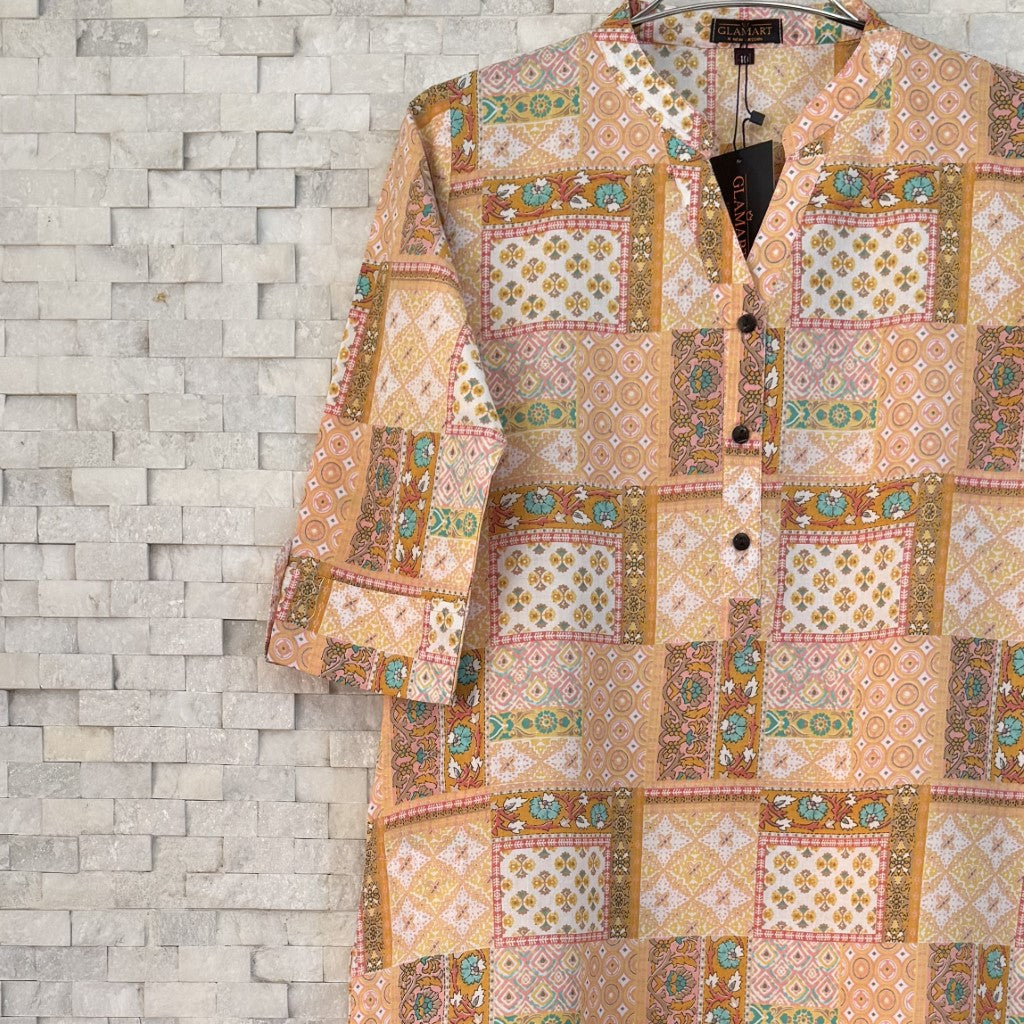 Jaipuri Cotton Long Kurti – Peach & Ochre Multi-Pattern Patchwork Print