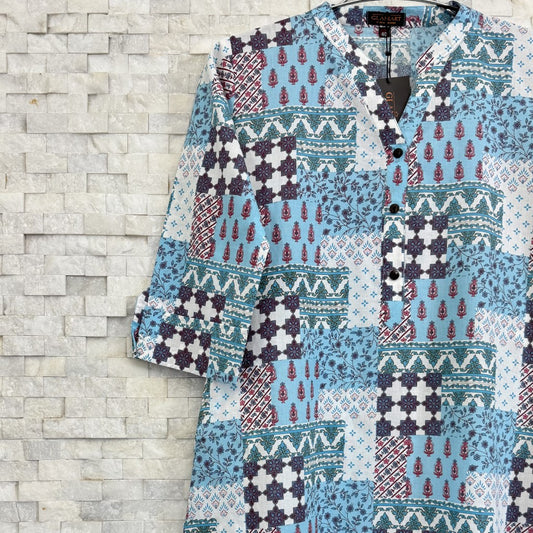 Jaipuri Cotton Long Kurti – Light Blue & Teal Ethnic Patchwork Print