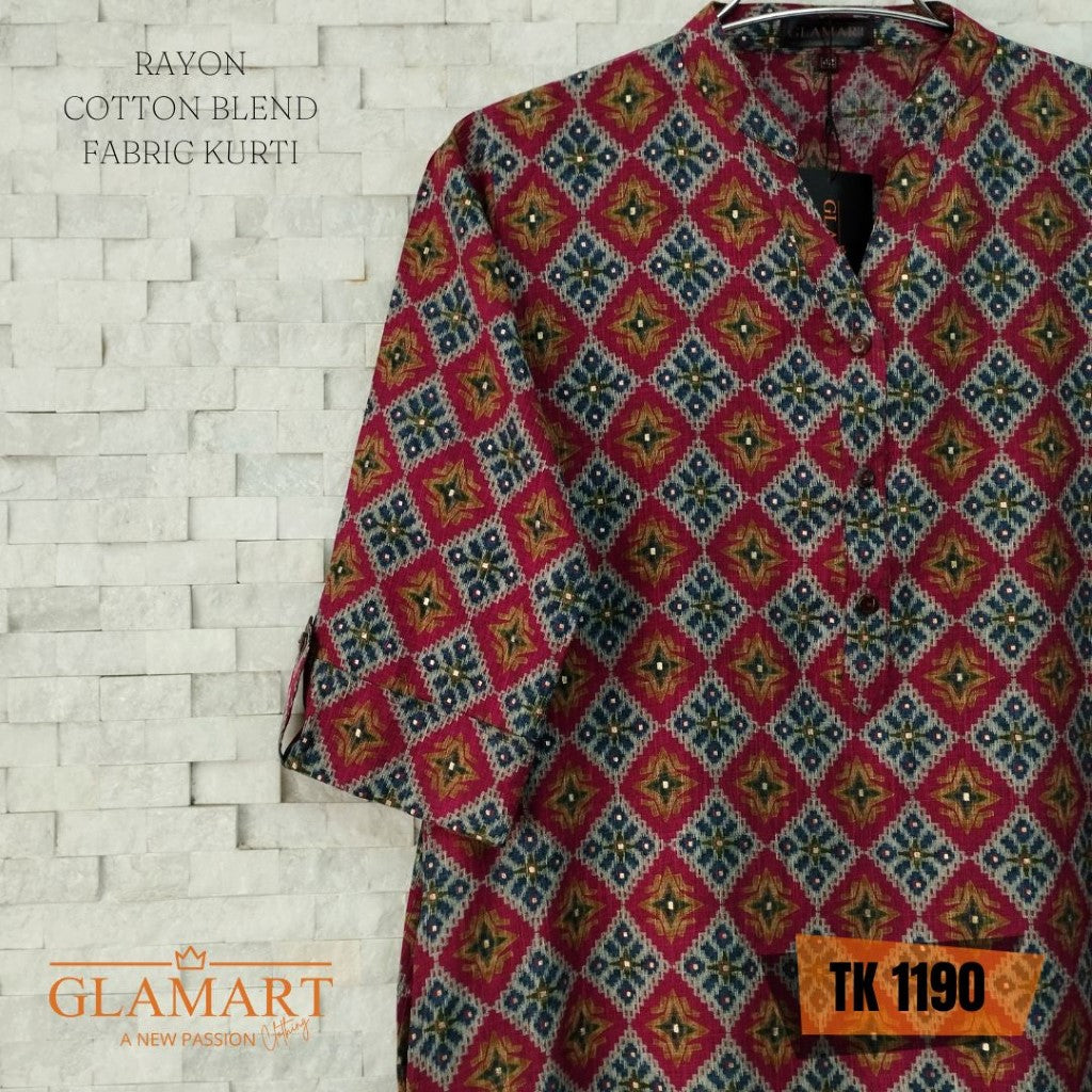Rayon Cotton Blend Long Kurti – Maroon & Green Geometric Diamond Print