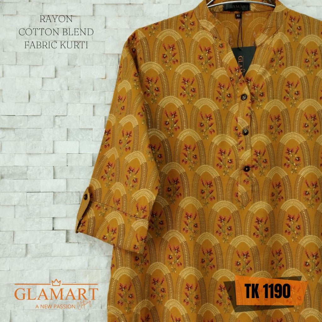 Rayon Cotton Blend Long Kurti – Mustard Gold Arched Floral Print