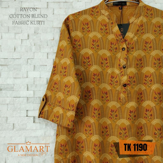 Rayon Cotton Blend Long Kurti – Mustard Gold Arched Floral Print
