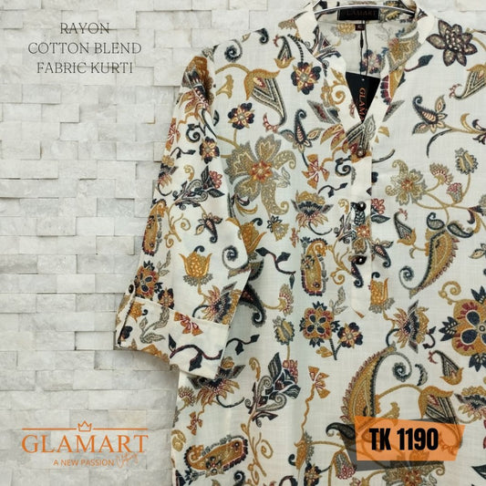 Rayon Cotton Blend Long Kurti – Off-White Multi-Color Paisley Floral Print