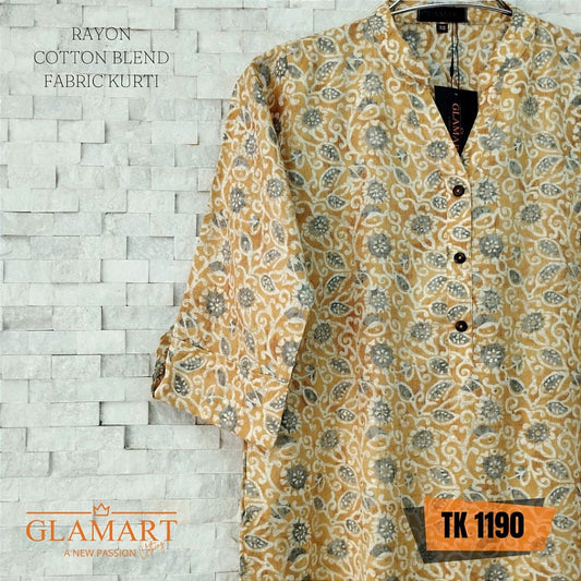 Rayon Cotton Blend Long Kurti – Mustard-Gold & Grey Floral Vine Print