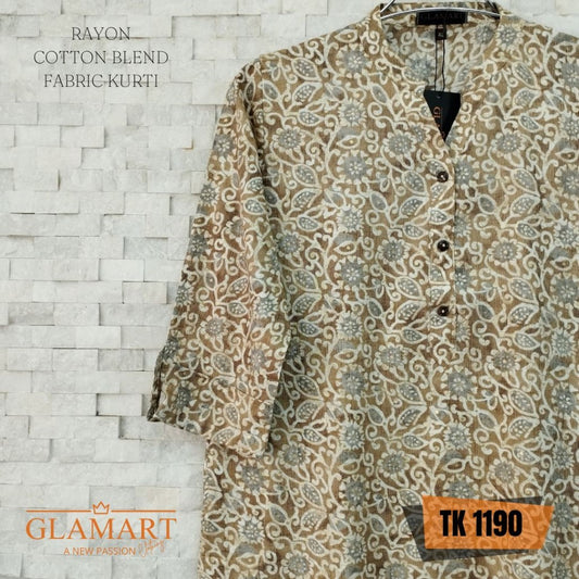 Rayon Cotton Blend Long Kurti – Beige & Taupe Floral Vine Print