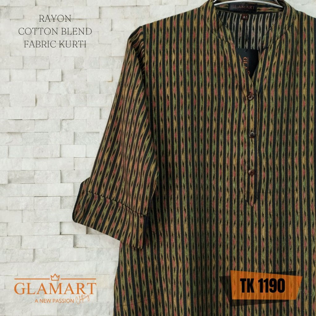 Rayon Cotton Blend Long Kurti – Vertical Geometric Stripe