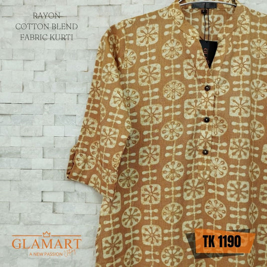 Rayon Cotton Blend Long Kurti – Ochre & Golden Cream Geometric Print