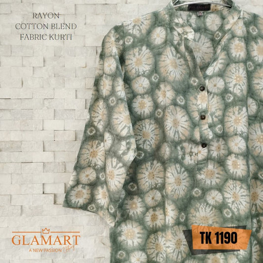 Rayon Cotton Blend Long Kurti – Sage Green & Cream Floral Sunburst Print