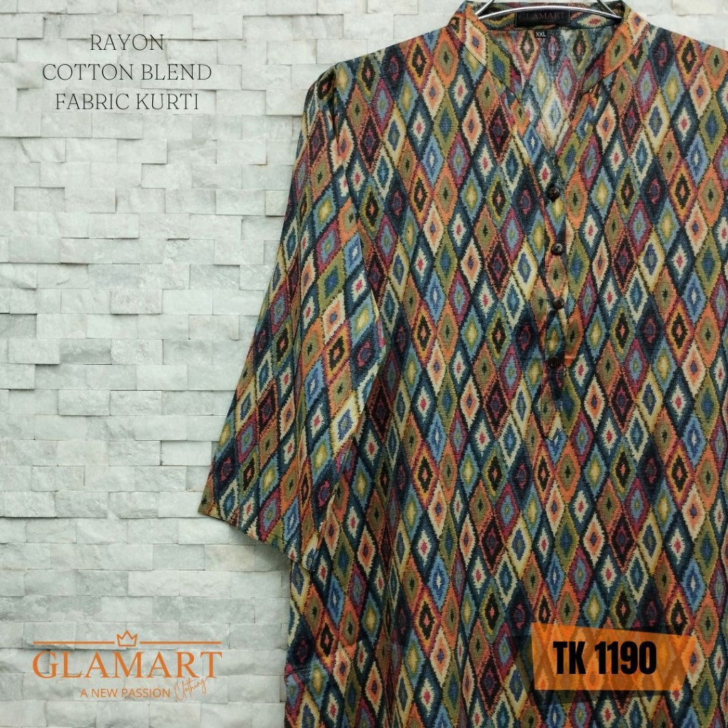 Rayon Cotton Blend Long Kurti – Multi-Color Ikat Diamond Print