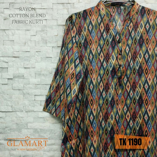 Rayon Cotton Blend Long Kurti – Multi-Color Ikat Diamond Print