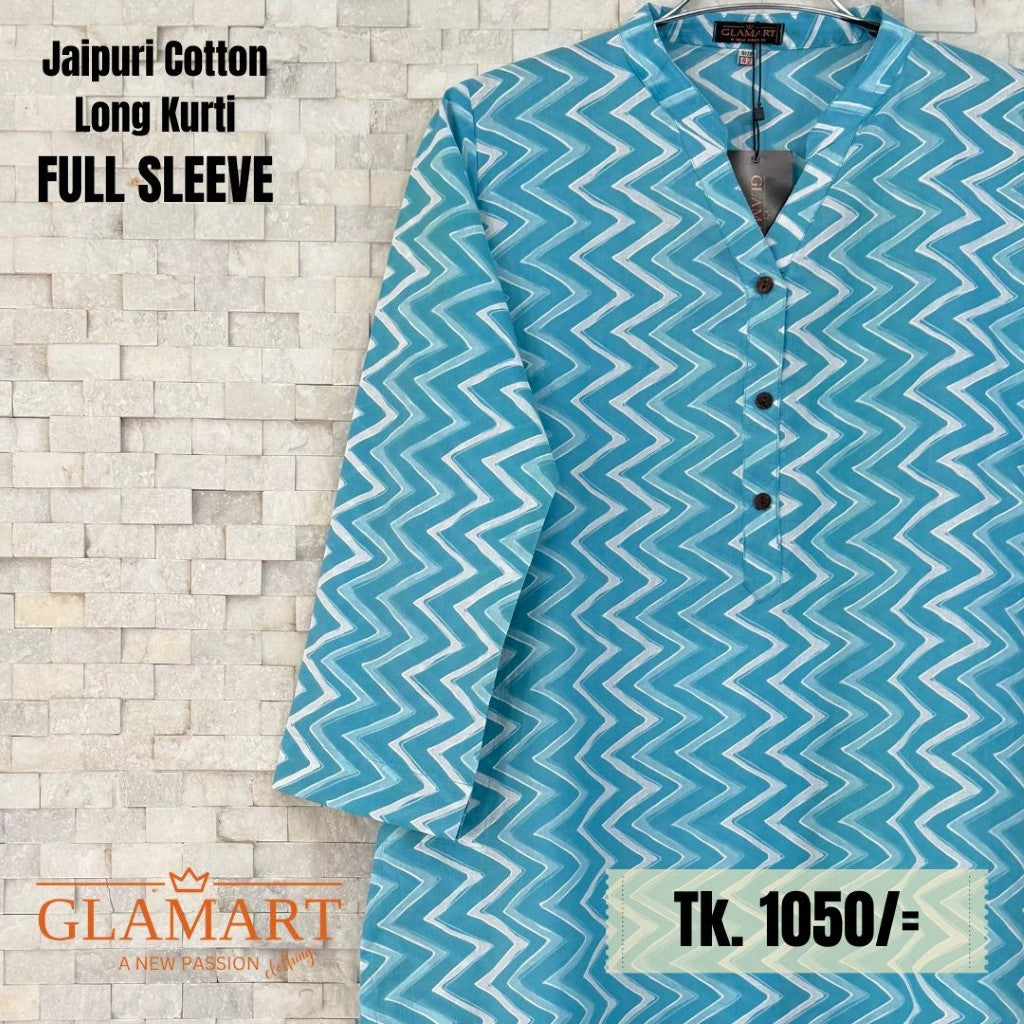 Jaipuri Cotton Long Kurti - Sky Blue & White Zig-Zag Print