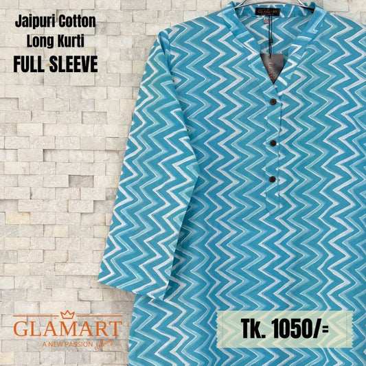 Jaipuri Cotton Long Kurti - Sky Blue & White Zig-Zag Print