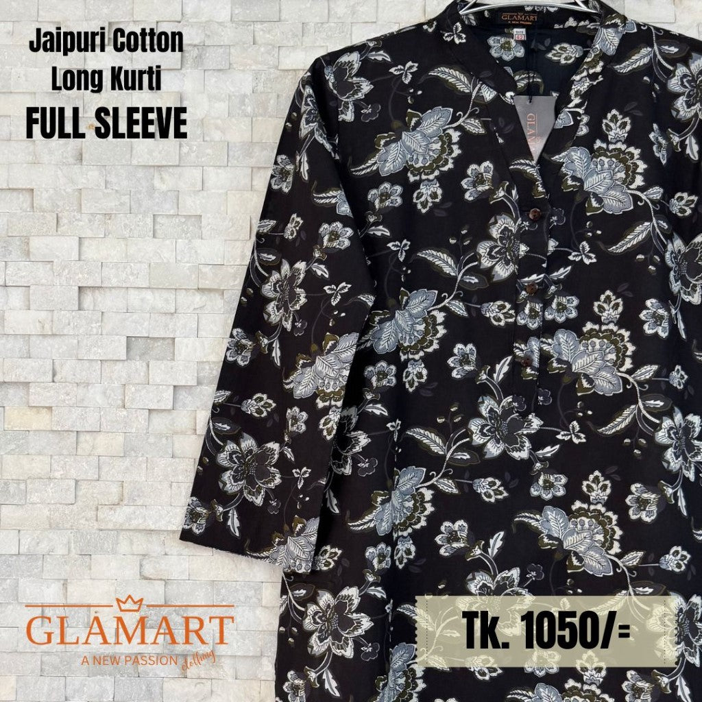 Jaipuri Cotton Long Kurti - Black with Floral Vine Print