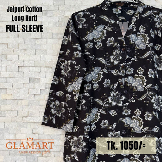 Jaipuri Cotton Long Kurti - Black with Floral Vine Print