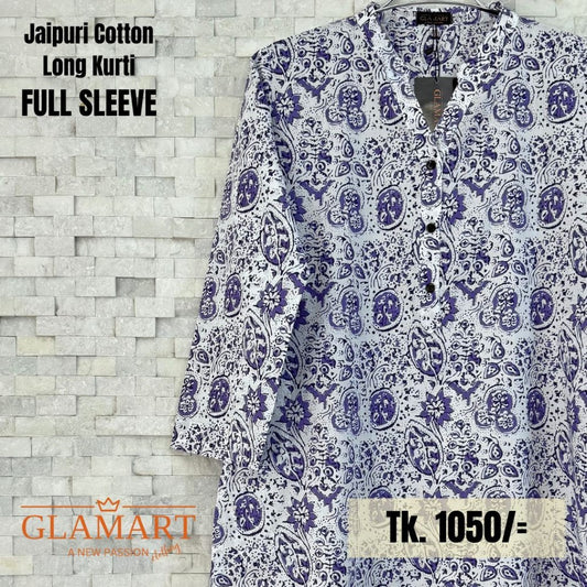 Jaipuri Cotton Long Kurti – White & Purple Ethnic Mandala Print