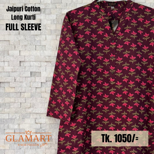Jaipuri Cotton Long Kurti – Deep Wine Pink Floral Leaf Print