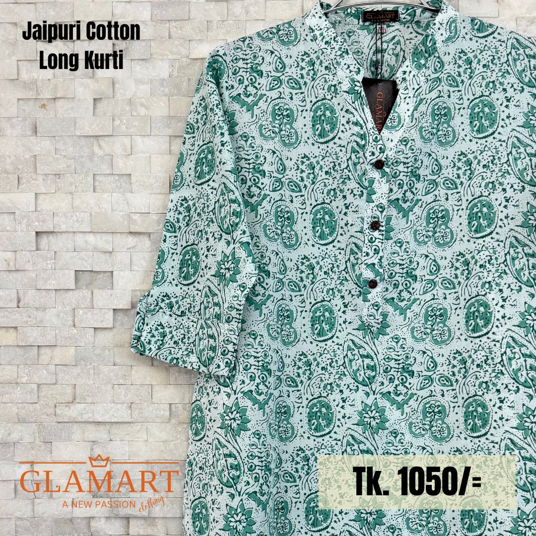 Jaipuri Cotton Long Kurti – Seafoam Green Mandala & Vine Print