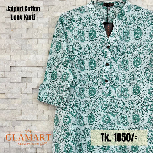 Jaipuri Cotton Long Kurti – Seafoam Green Mandala & Vine Print