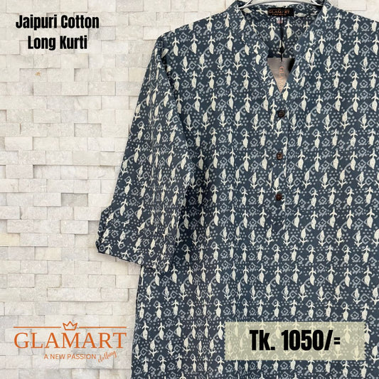 Jaipuri Cotton Long Kurti – Slate Grey Small Butta & Diamond Print