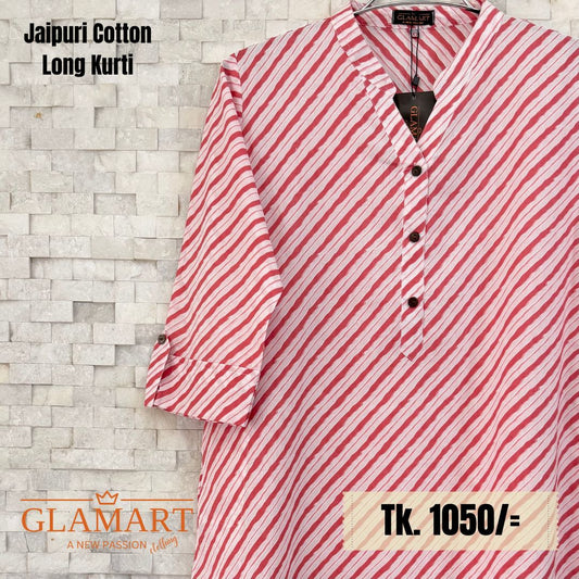 Jaipuri Cotton Long Kurti – Candy Pink & White Diagonal Print