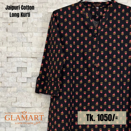 Jaipuri Cotton Long Kurti – Black with Pink & Gold Floral Butti Print