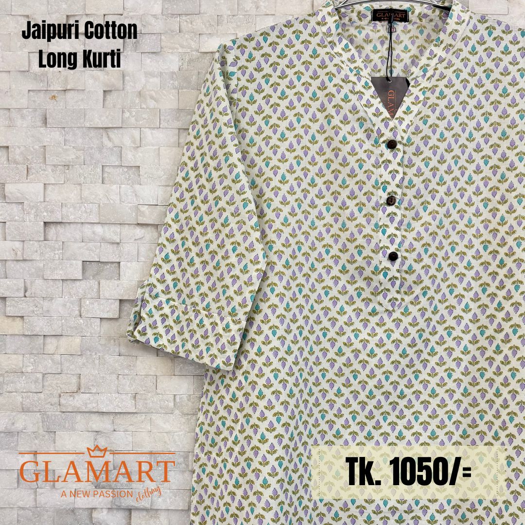 Jaipuri Cotton Long Kurti – Off-white with Purple & Teal Floral Butta Print