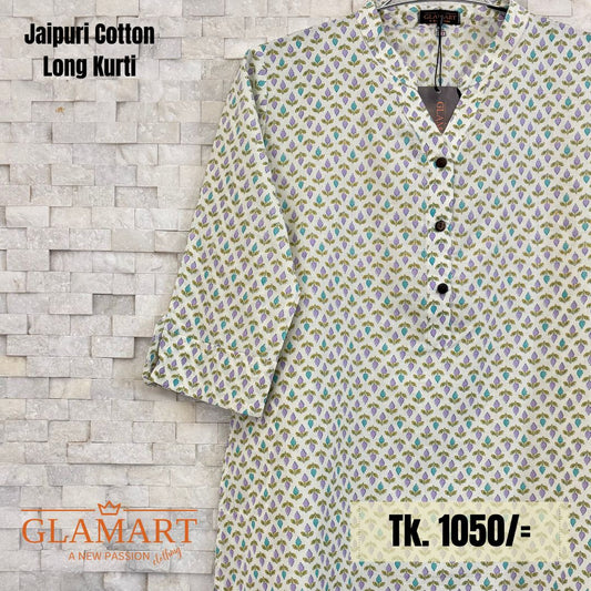 Jaipuri Cotton Long Kurti – Off-white with Purple & Teal Floral Butta Print