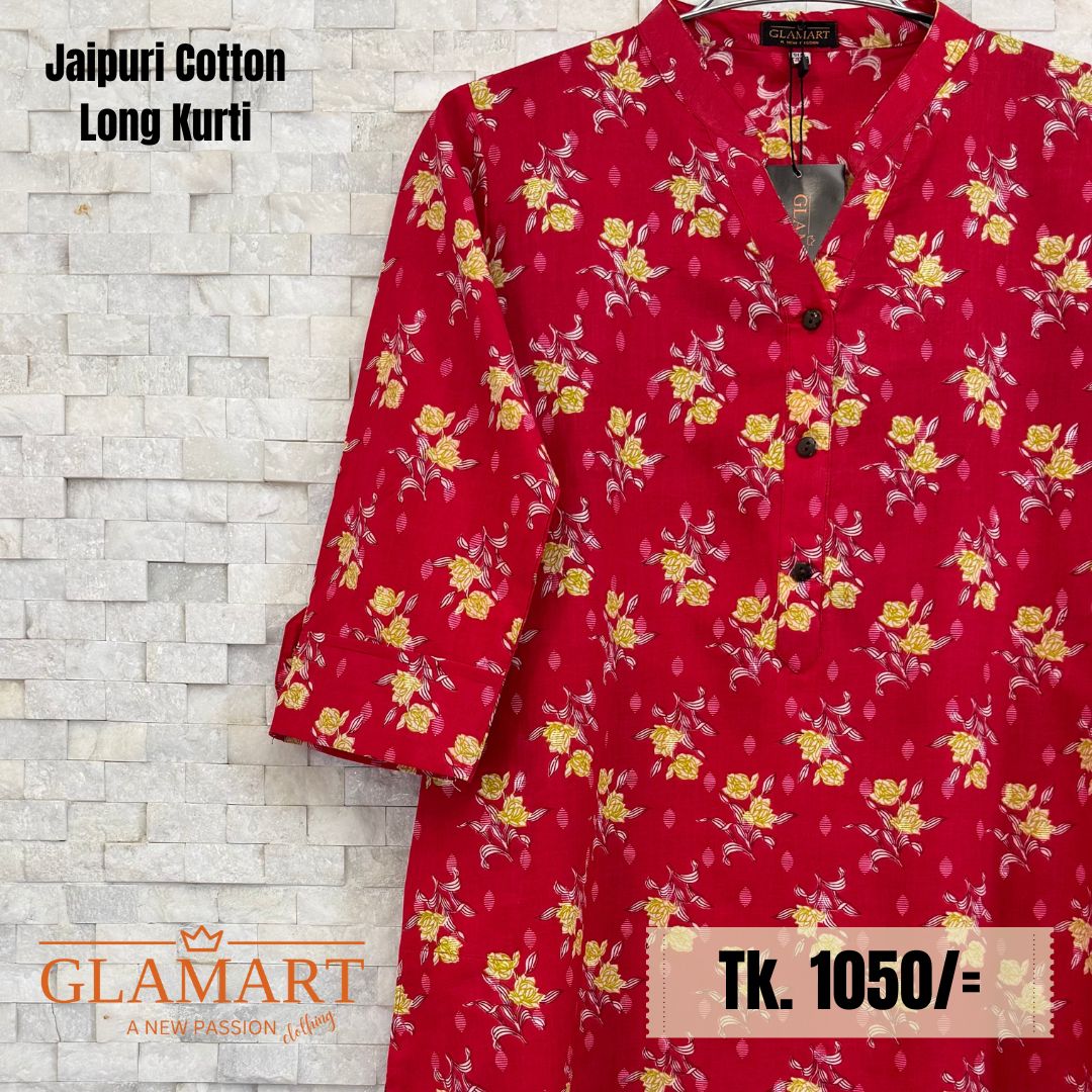 Jaipuri Cotton Long Kurti – Crimson Red & Gold Yellow Floral Vine Print